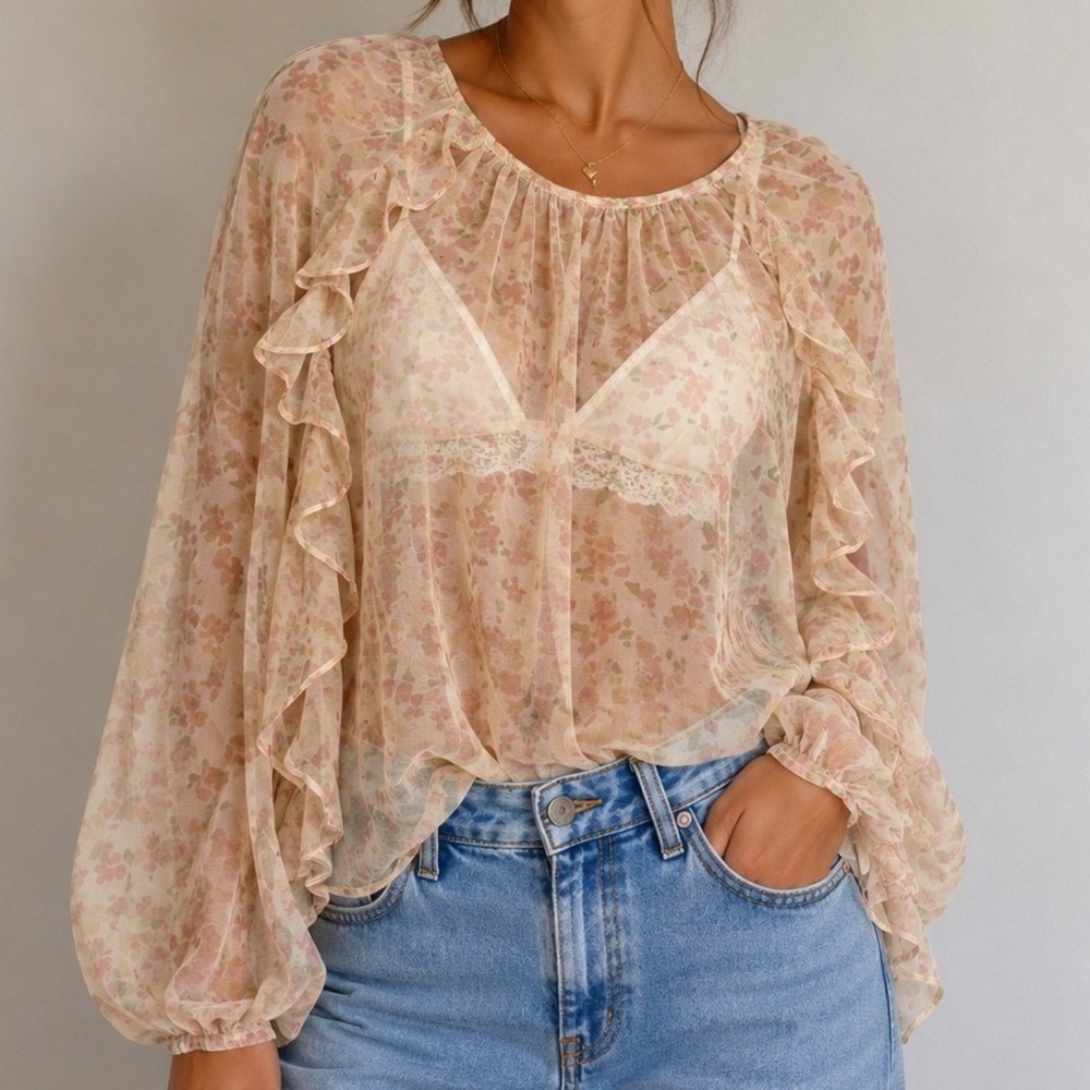 Simple Retro Floral Ruffle Sheer Blouse Womens S Romantic Cottagecore Top